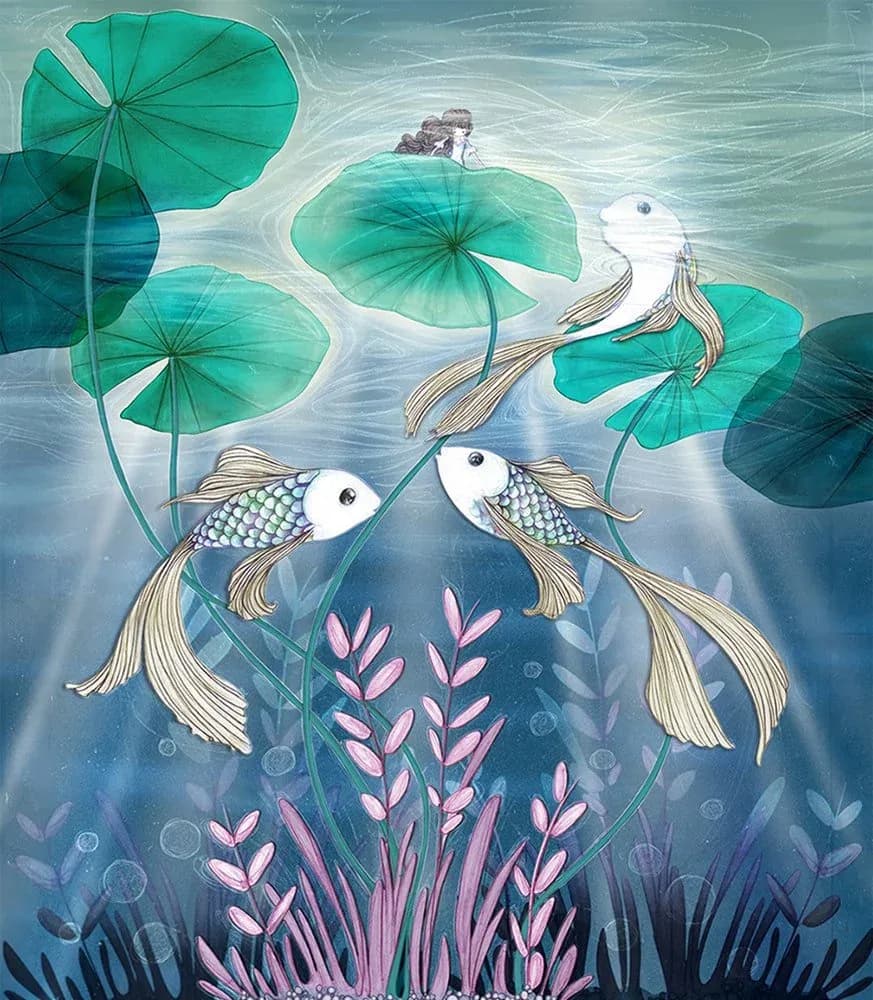 Underwater scene with golden koi fish swimming among lotus pads, tiny girl sitting above the water surface