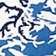 Abstract blue and white composition with silhouetted bird or flying forms scattered across canvas.