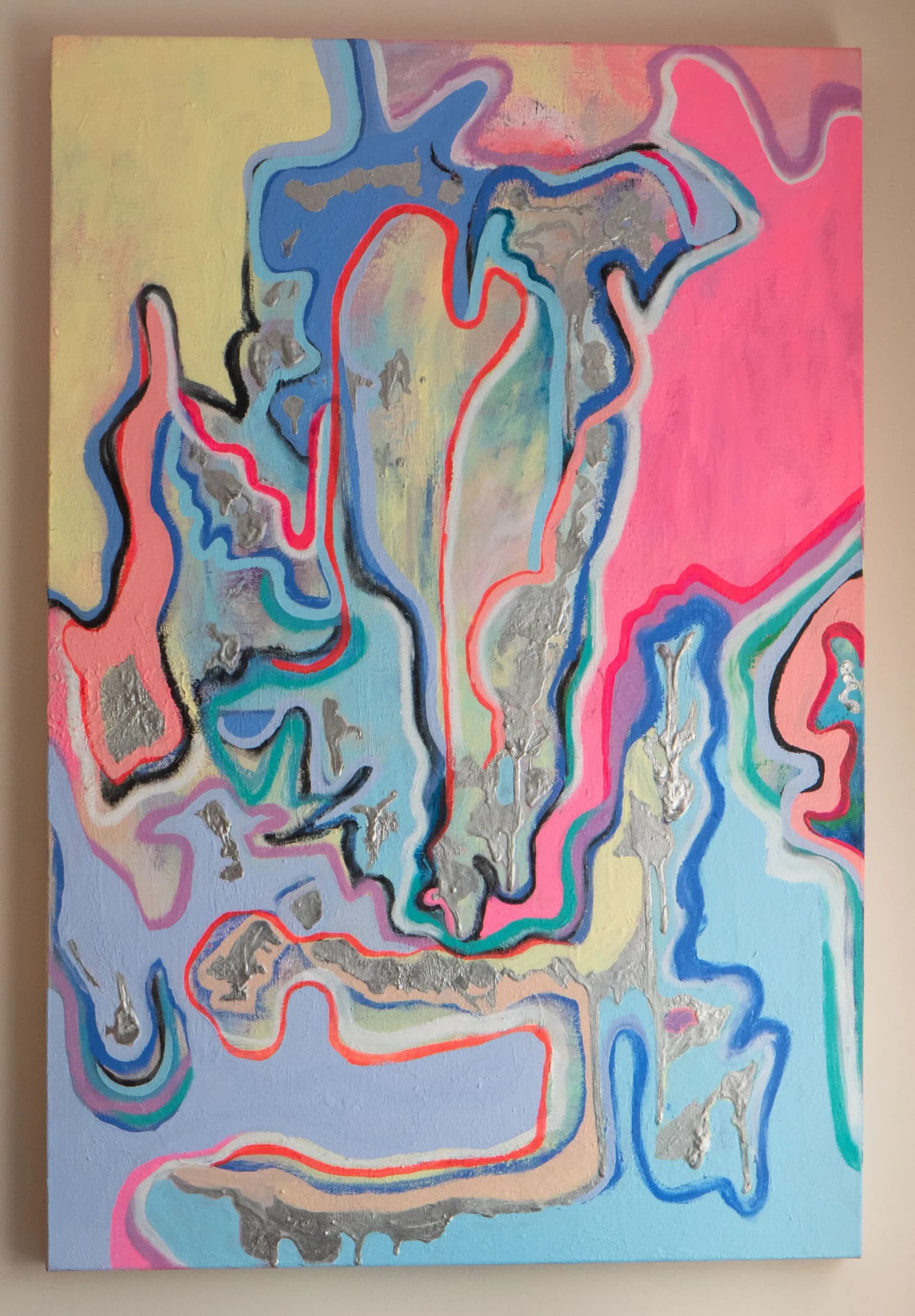 Abstract painting with neon contour lines in pink, red, teal and blue over pastel background with silver leaf accents