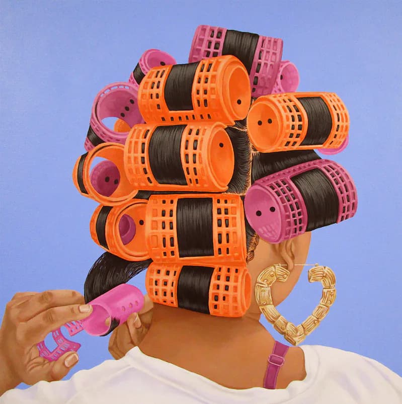 Painting of person wearing colorful hair rollers in pink and orange, with gold hoop earrings, blue background.