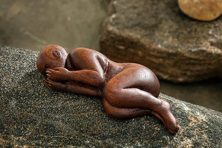 Polished wooden sculpture of a curled, resting figure in warm brown tones, positioned on gray stone.