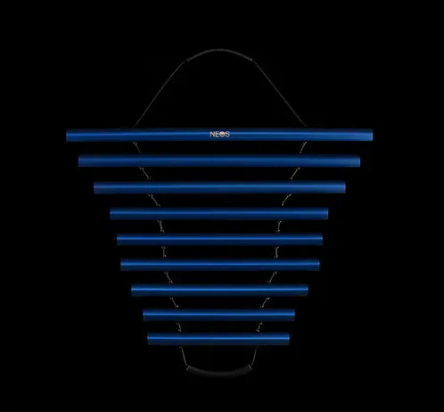 LUNA - blue neon tube light sculpture arranged in descending trapezoid form against black background