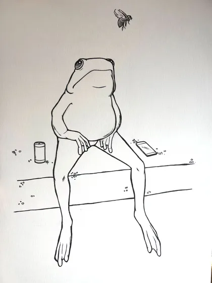 Ink drawing of an anthropomorphic frog sitting on a ledge with a fly overhead