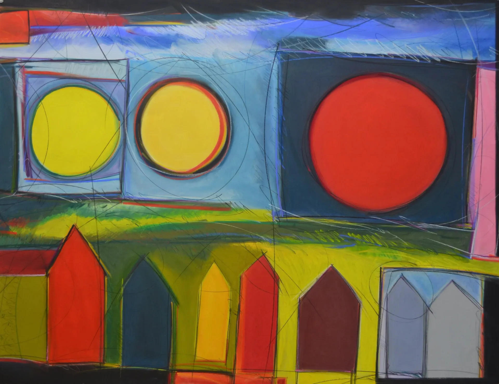 Large abstract pastel painting with bold yellow circles, red circle, and house-like forms against sky and yellow-green ground