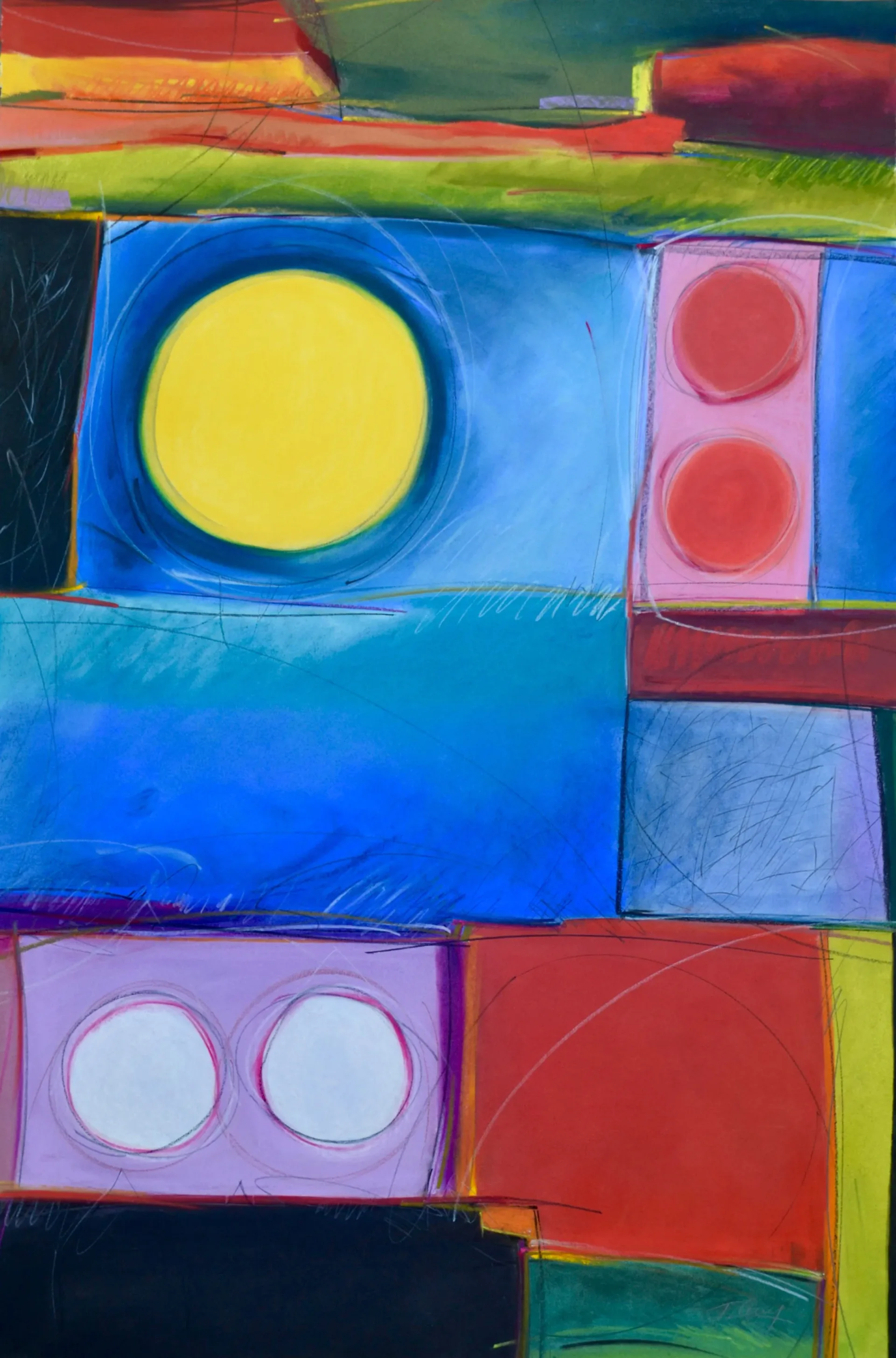 Abstract Moon Series painting with large yellow circle in blue rectangle, orange and yellow landscape bands, smaller circles below