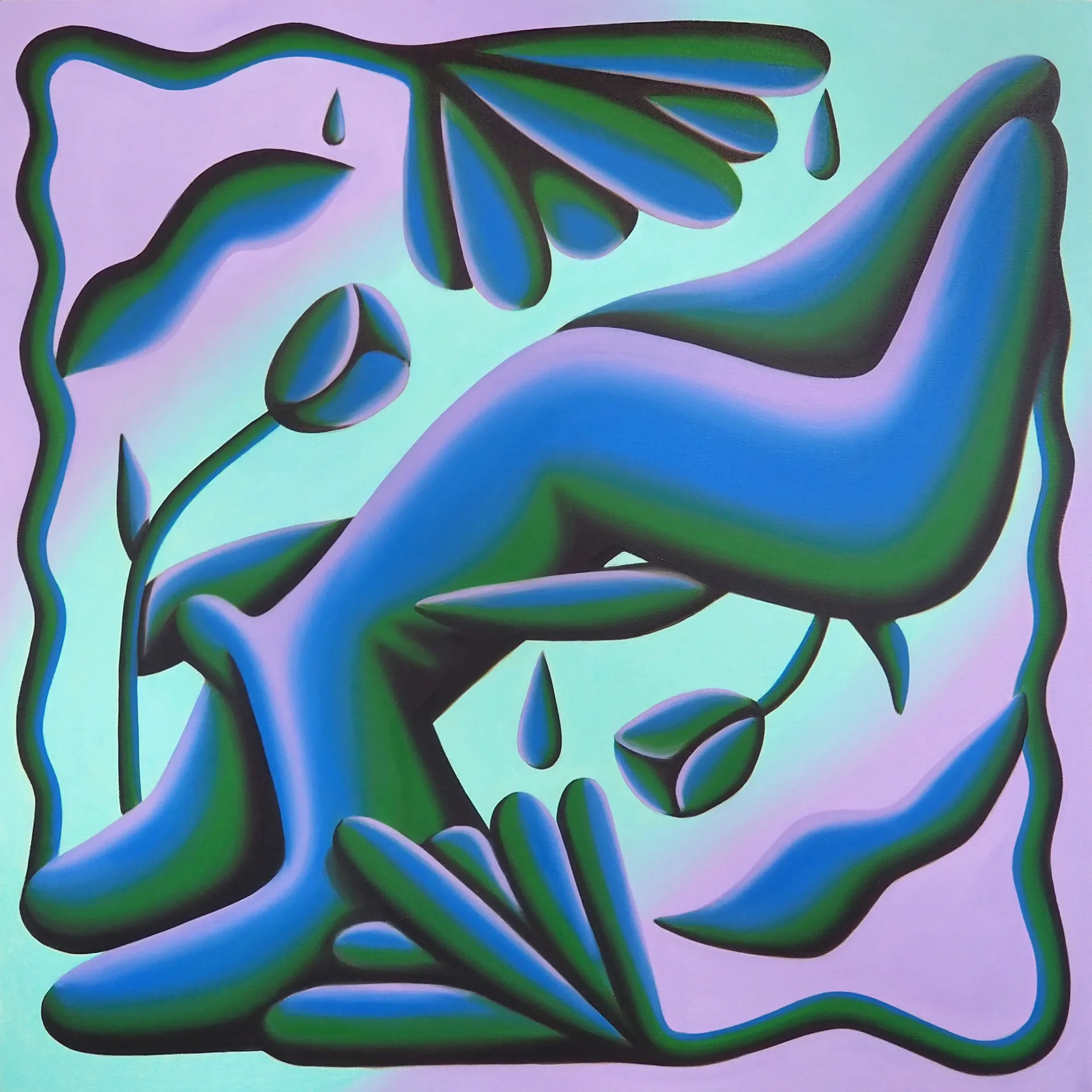 Abstract painting of a reclining figure with tulips and water droplets in blue, green, and purple tones