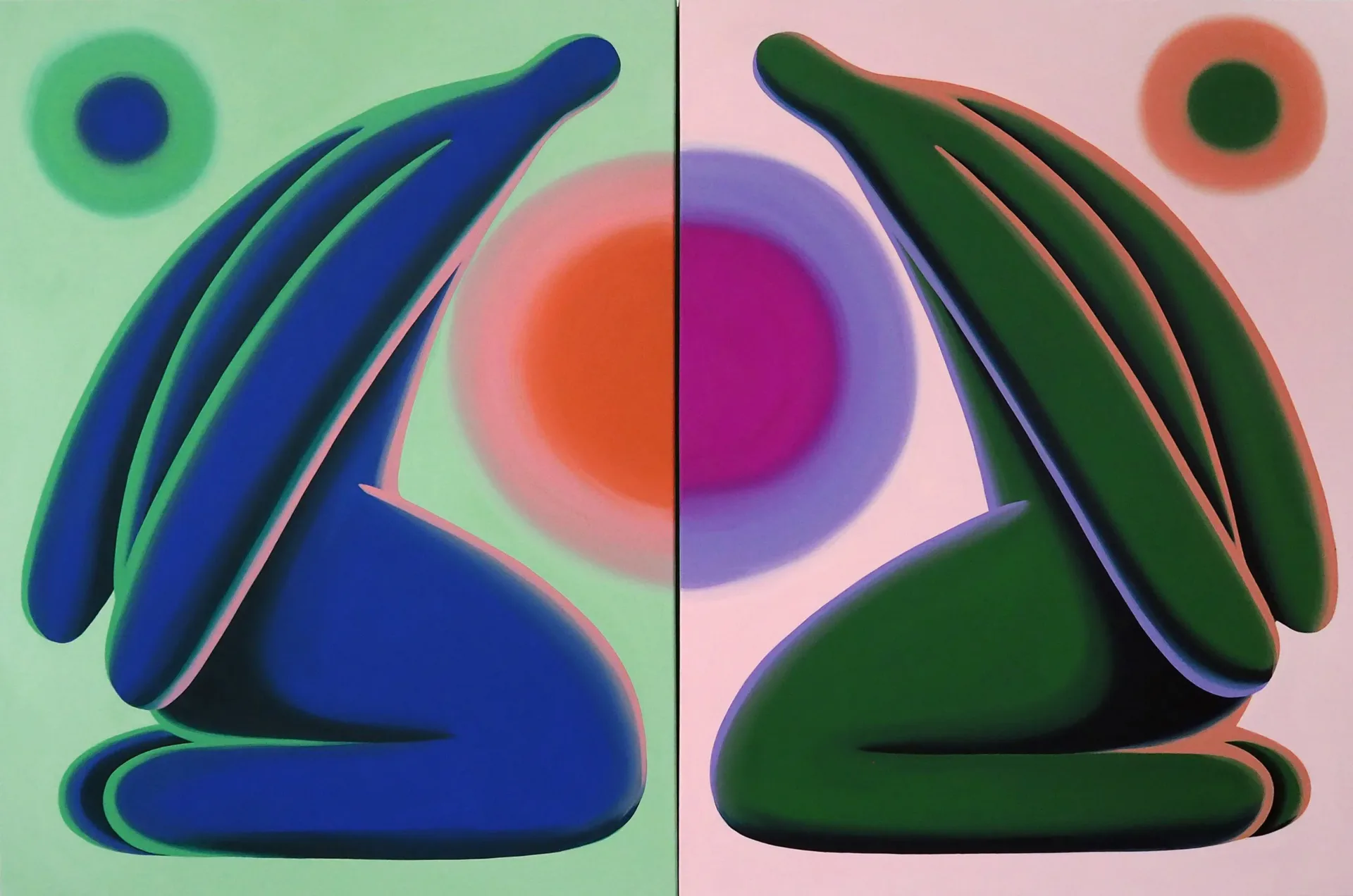 Diptych painting of two mirrored abstract figures in blue and green with glowing orbs on mint and pink backgrounds