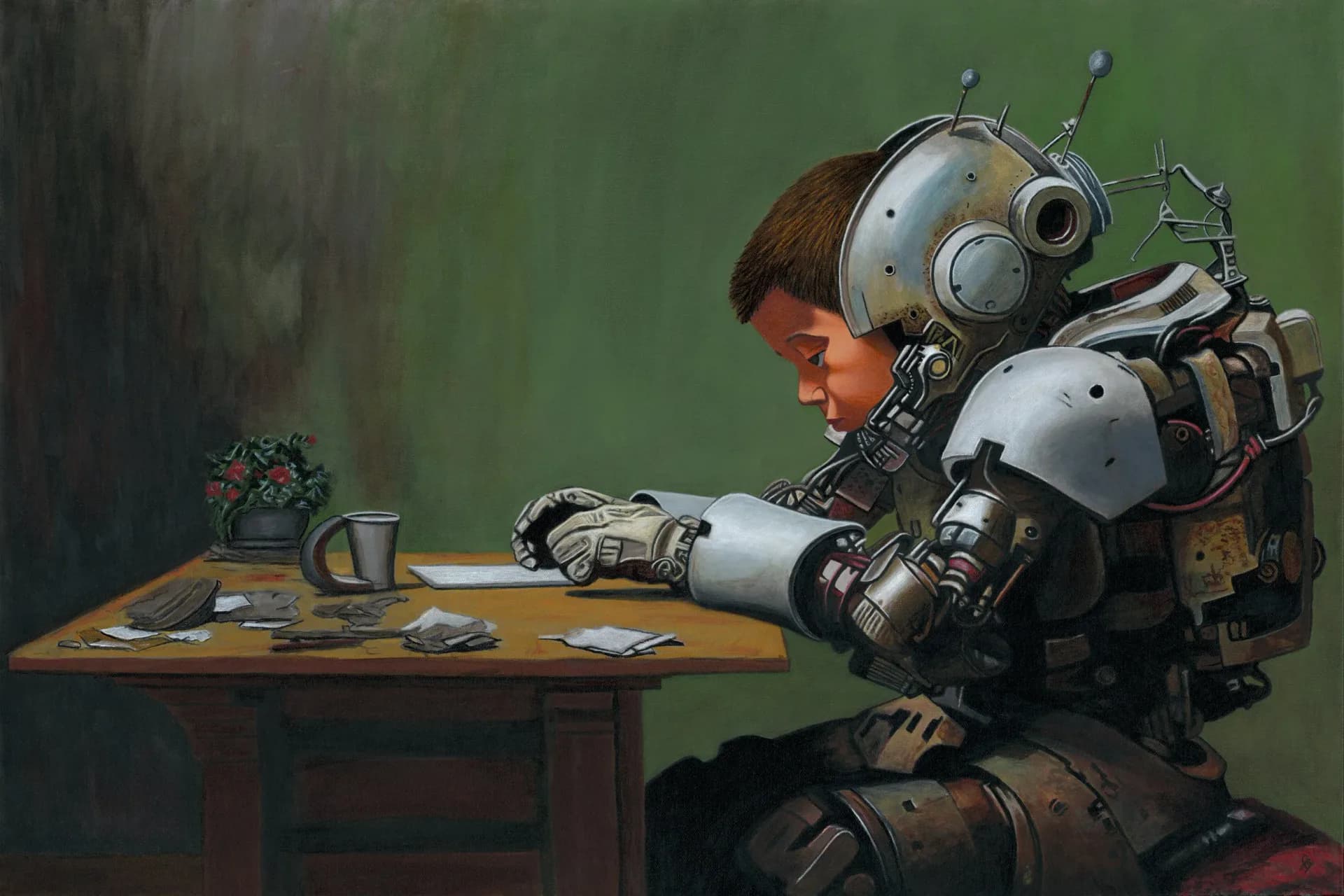 Painting of a child and a weathered robot facing each other on a dark background