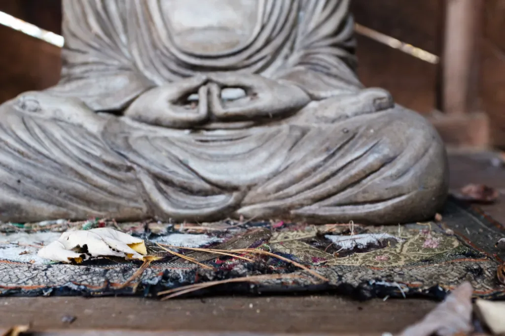 Close-up photograph of a weathered stone Buddha statue seated in meditation with decayed fabric and leaves at its base