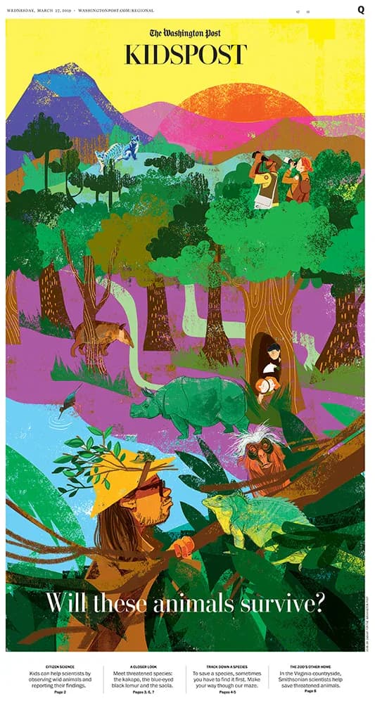 Washington Post Kids Post cover featuring colorful illustrated landscape with animals, people, and trees, headline 'Will these animals survive?'