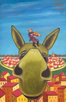 Painting of a large donkey head with a fiddler on the roof and a village below