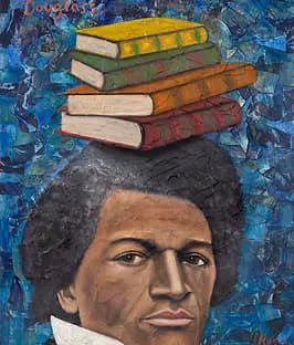 Painterly portrait of Frederick Douglass with a stack of books balanced on his head