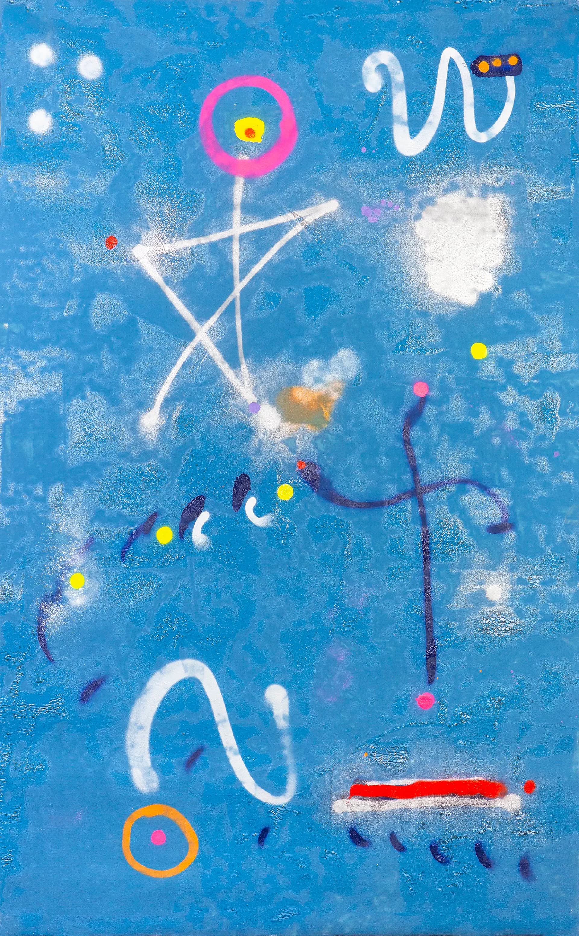 Abstract painting with blue background featuring white gestural lines, colored circles, and spray paint marks