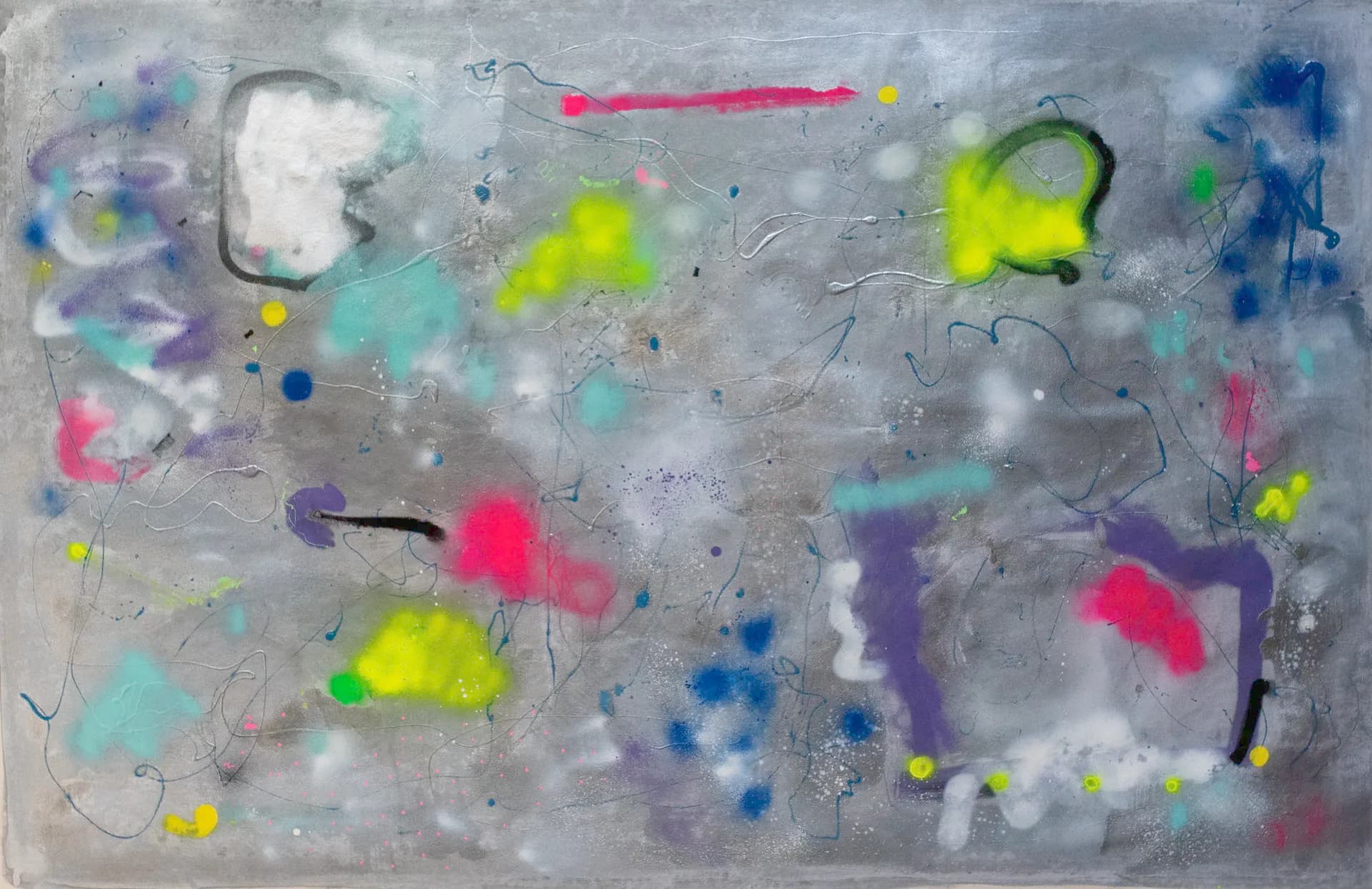 Abstract painting on silver-grey ground with neon spray paint, gestural lines, and colorful marks