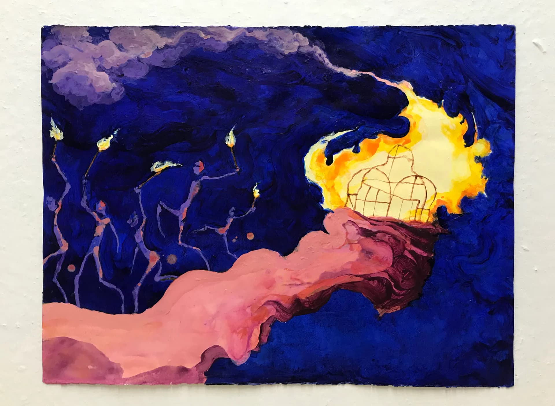 Acrylic painting with deep blue background, yellow-orange flames, pink flowing form, and blue silhouettes suggesting celestial or dreamlike scene.