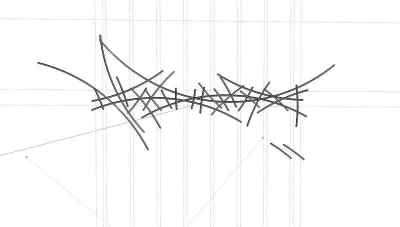 Digital 3D modeling wireframe by Josué Guarionex showing a tangle of curved and straight lines forming an abstract geometric composition on a grid background