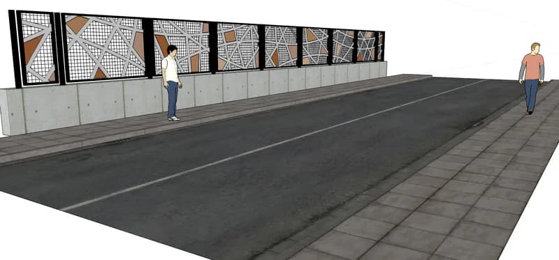Architectural rendering by Josué Guarionex depicting a row of geometric panel artworks mounted along a concrete retaining wall beside a sidewalk with two pedestrian figures