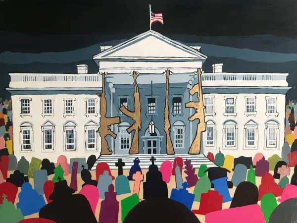 Painting of the White House at night with assault rifles and colorful gravestones in foreground