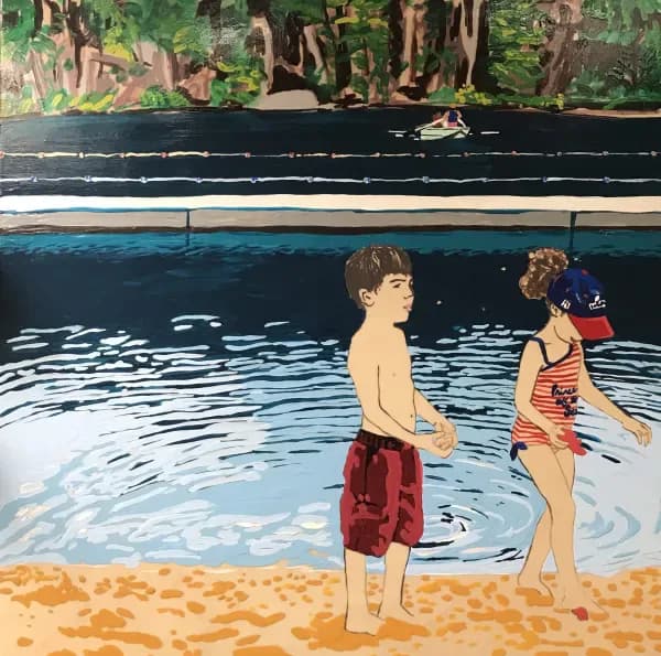 Two children standing at the edge of a lake with a pool and forest behind them