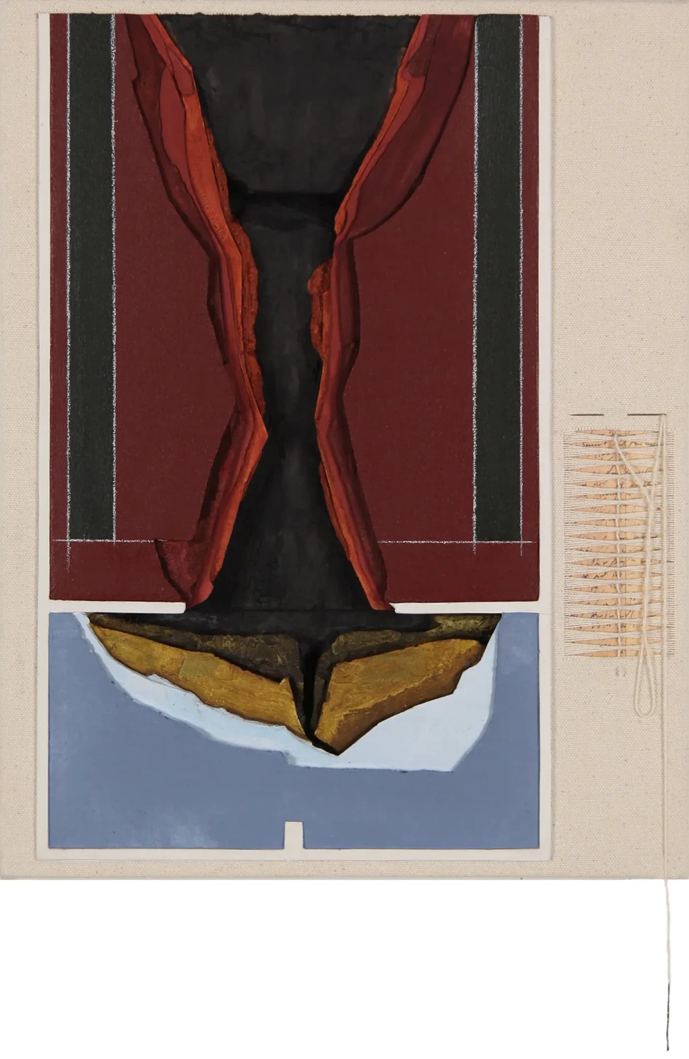 Mixed media abstract painting with pink background and layered torn paper forming a dynamic star-like figure with woven textile element