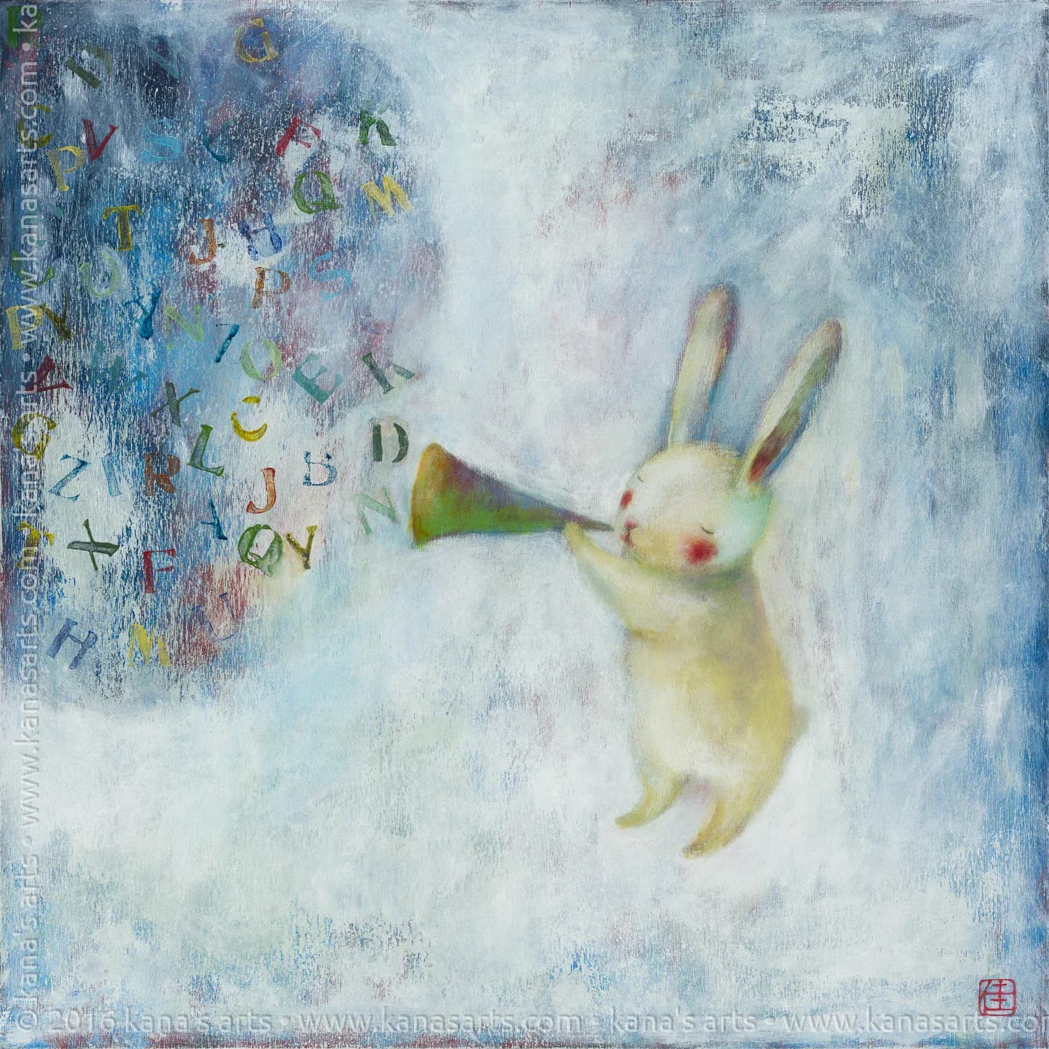 Rabbit playing trumpet with colorful letters floating out