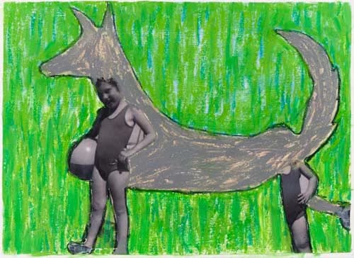 Mixed media collage of child figure merged with a fox outline on green painted background