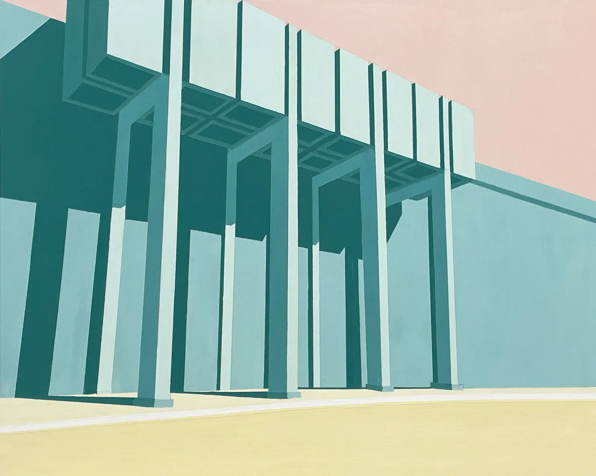 Painting of a department store facade in teal and pink tones
