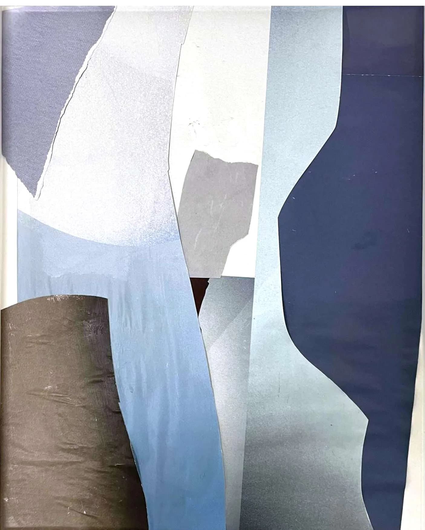 Collage composition with flowing vertical paper strips in shades of blue, white, gray, and brown, creating organic wave-like shapes against a light background.