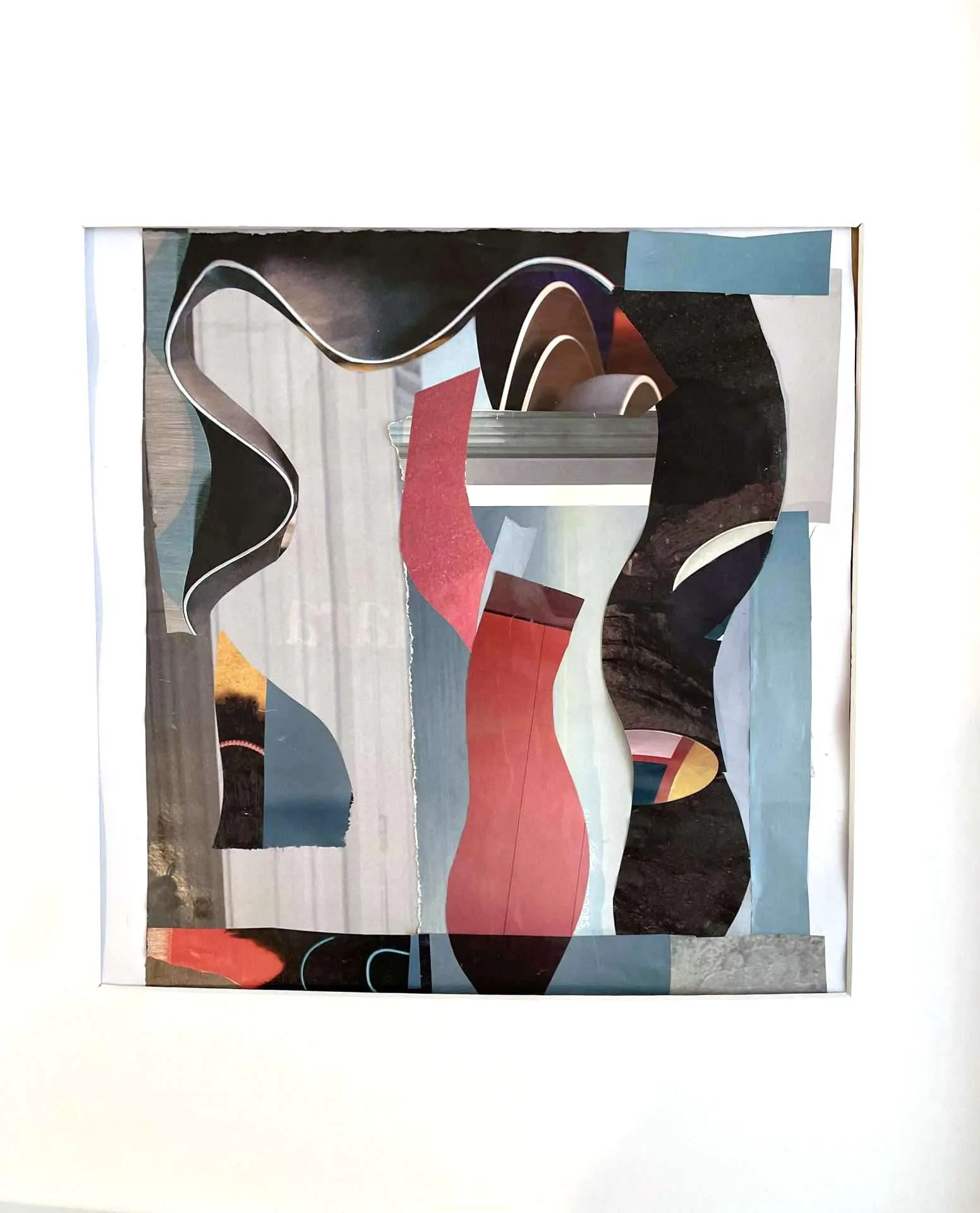 Collage with interlocking paper forms in black, white, red, blue, and flesh tones, arranged in a dynamic abstract composition with curved and angular shapes.