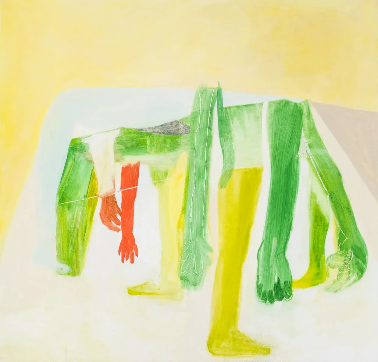 Abstract painting with green and yellow figures and body fragments against a chartreuse ground