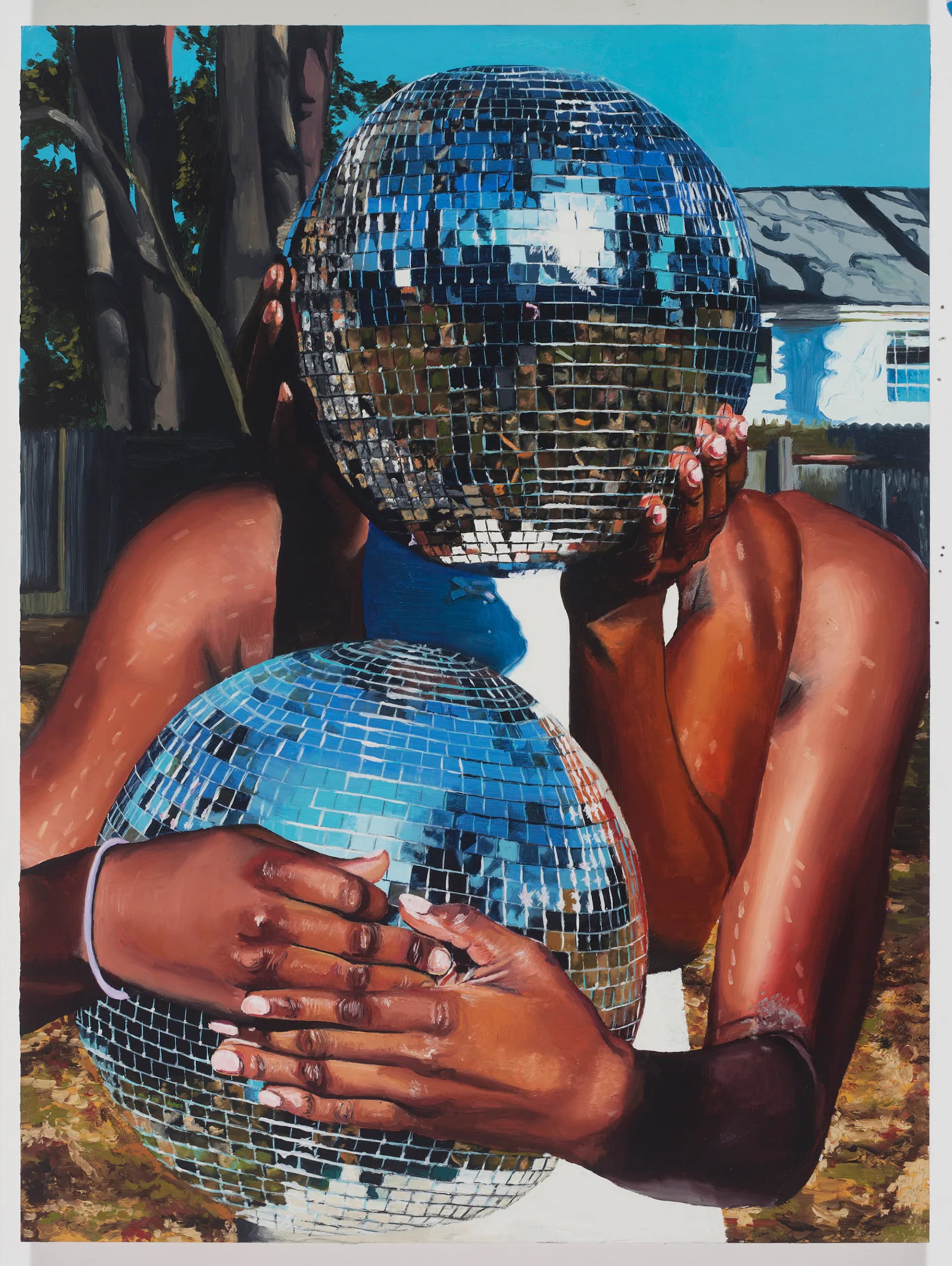 Two figures holding large disco balls obscuring their faces, rendered with hyperrealistic detail against a sunny outdoor backdrop