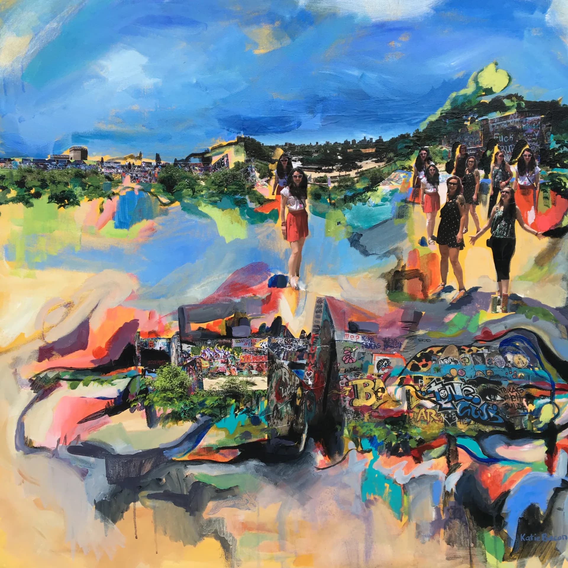 Semi-abstract painting of women at a graffiti-covered landscape with vibrant sky