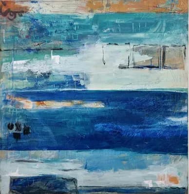 Horizontal striped abstract landscape in layered blues, whites, and warm tones with minimalist sailboat forms and gestural marks.