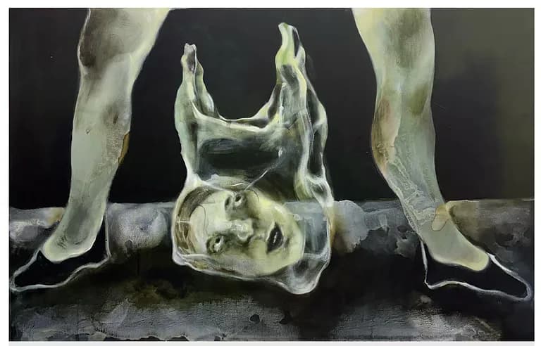 Large dark figurative painting with inverted body and face against black background