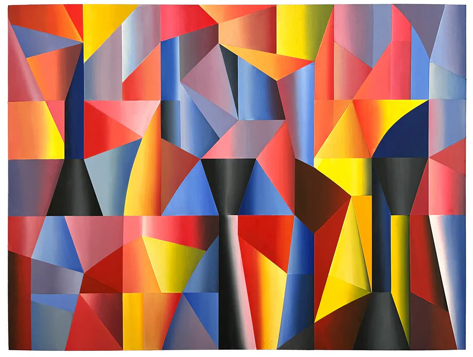 Vibrant geometric abstract painting composed of interlocking triangular and polygonal shapes in bold colors including red, yellow, blue, orange, black, and gray.