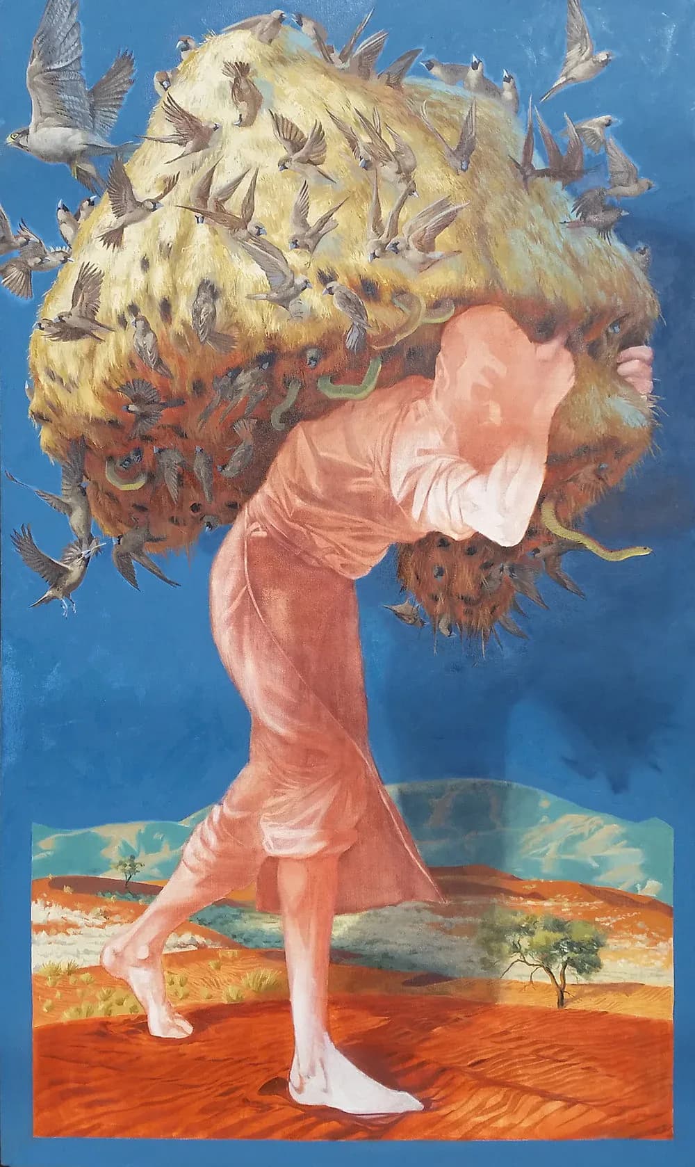 Figure bent under enormous mass of spotted fur covered in birds and snakes against desert landscape