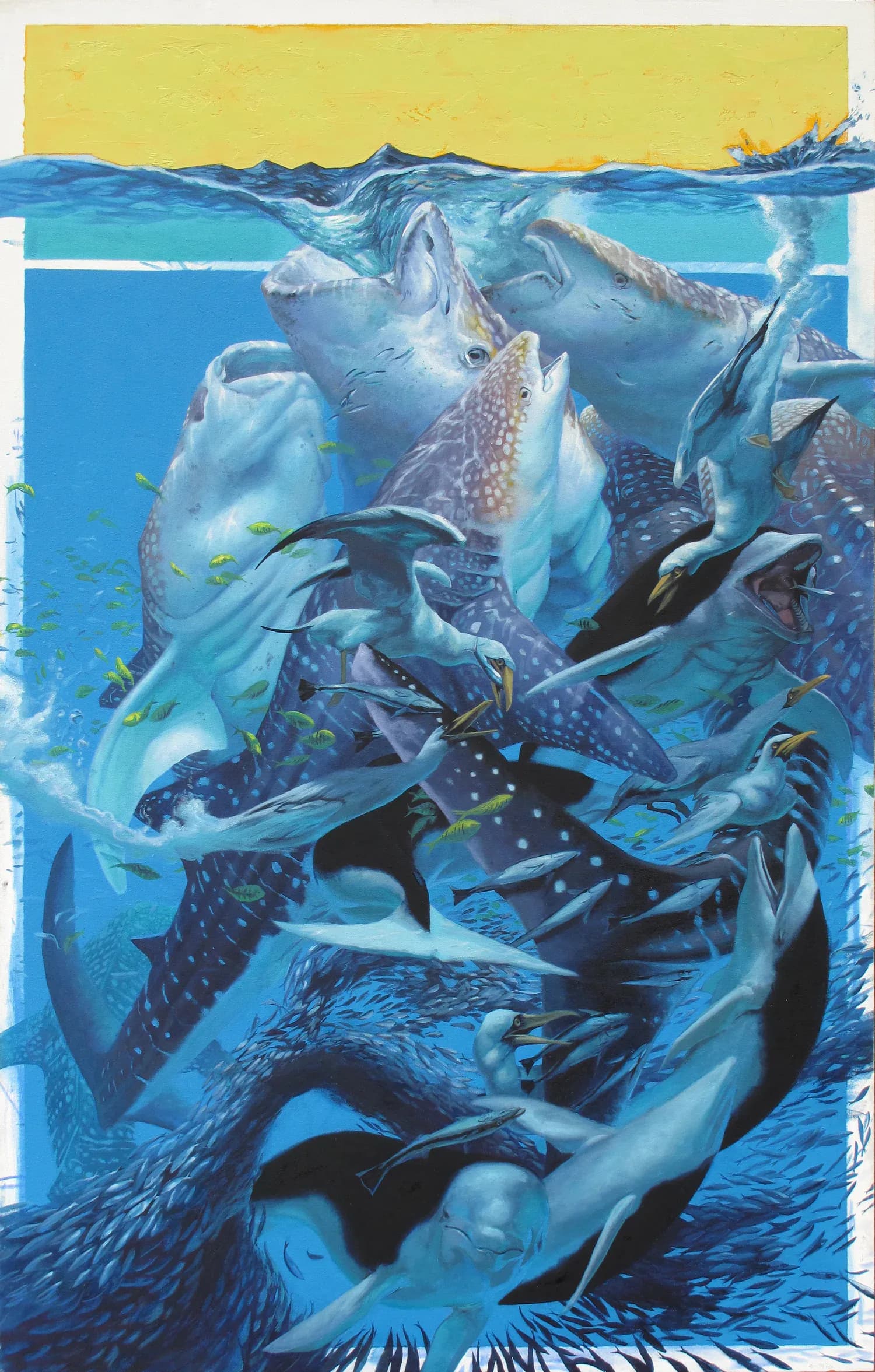 Dense swirling mass of whale sharks and seabirds above and below water surface with yellow sky