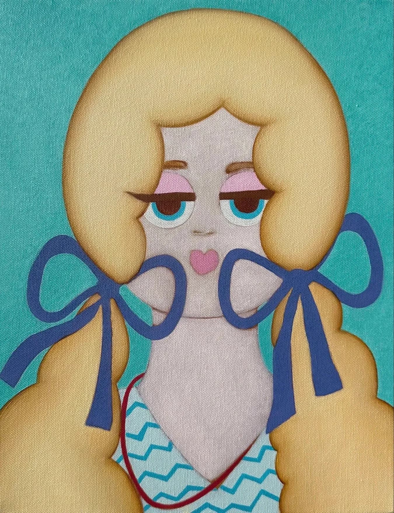 Painting of a stylized figure with blonde bob hair adorned with blue and gold bows, pale face with blue eyes, wearing a light swimsuit with blue and teal accents against turquoise background.