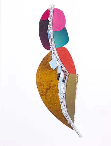 Vertical abstract collage with stacked colorful oval and leaf shapes in pink, teal, red, and gold