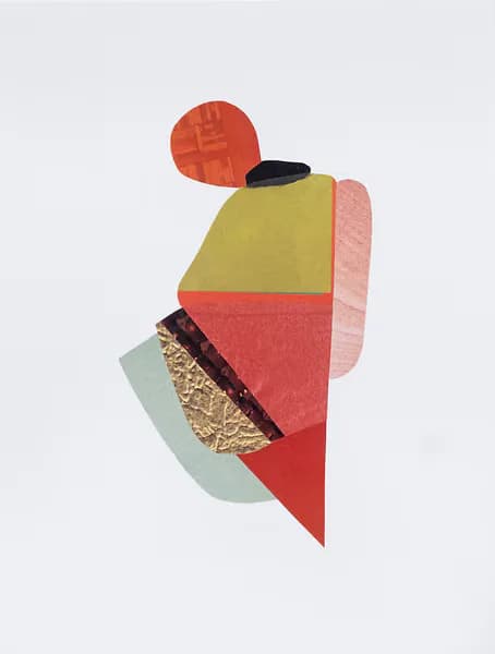 Abstract collage with warm red, gold, pink, and sage geometric forms stacked vertically on white background