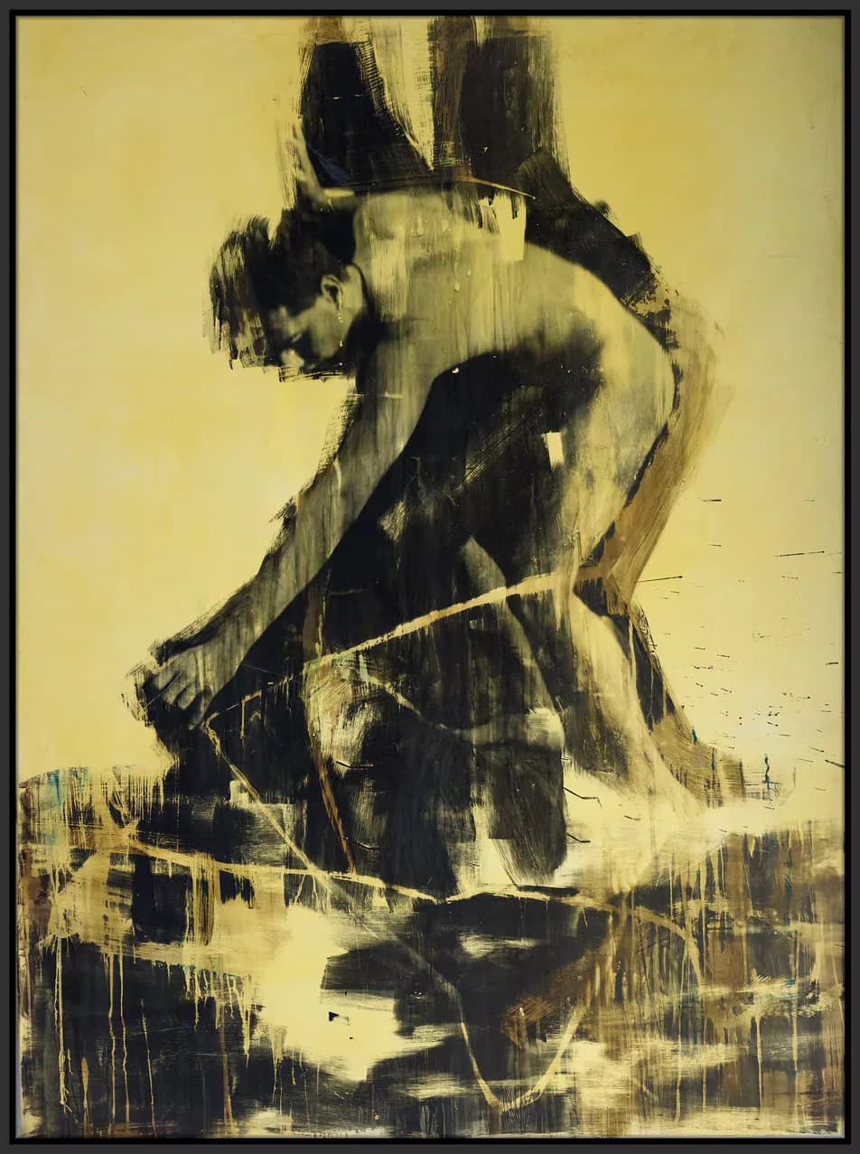 Large-scale figurative painting of a bending nude figure in black and yellow ochre with expressive brushwork