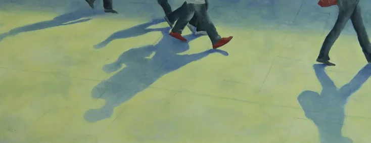 Painting fragment showing figures' legs and shadows on a yellow-green ground, depicting movement or dance.
