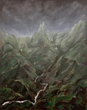 Oil painting of a mountainous landscape with jagged peaks, green vegetation, and rushing white water in moody tones.