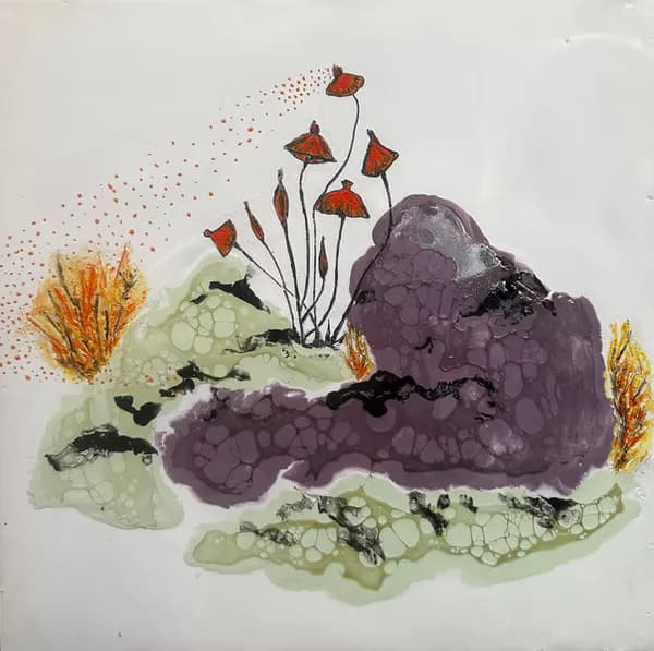 Mixed media painting with purple rock formation, red bell-shaped flowers, and orange foliage on white ground
