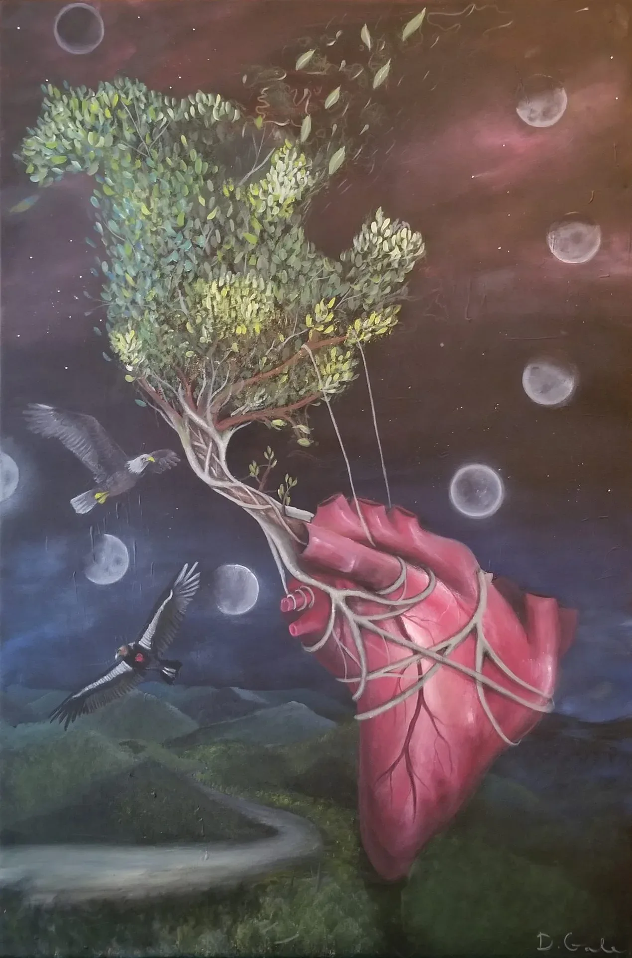 Fantastical painting of a figure with a tree sprouting from their head, wearing pink draped fabric against cosmic night sky with moons.