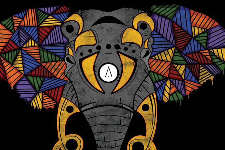 Stylized gray elephant head with golden accents and geometric patterned ears in orange, blue, purple, and green; mixed-media drawing by Kush Wright.