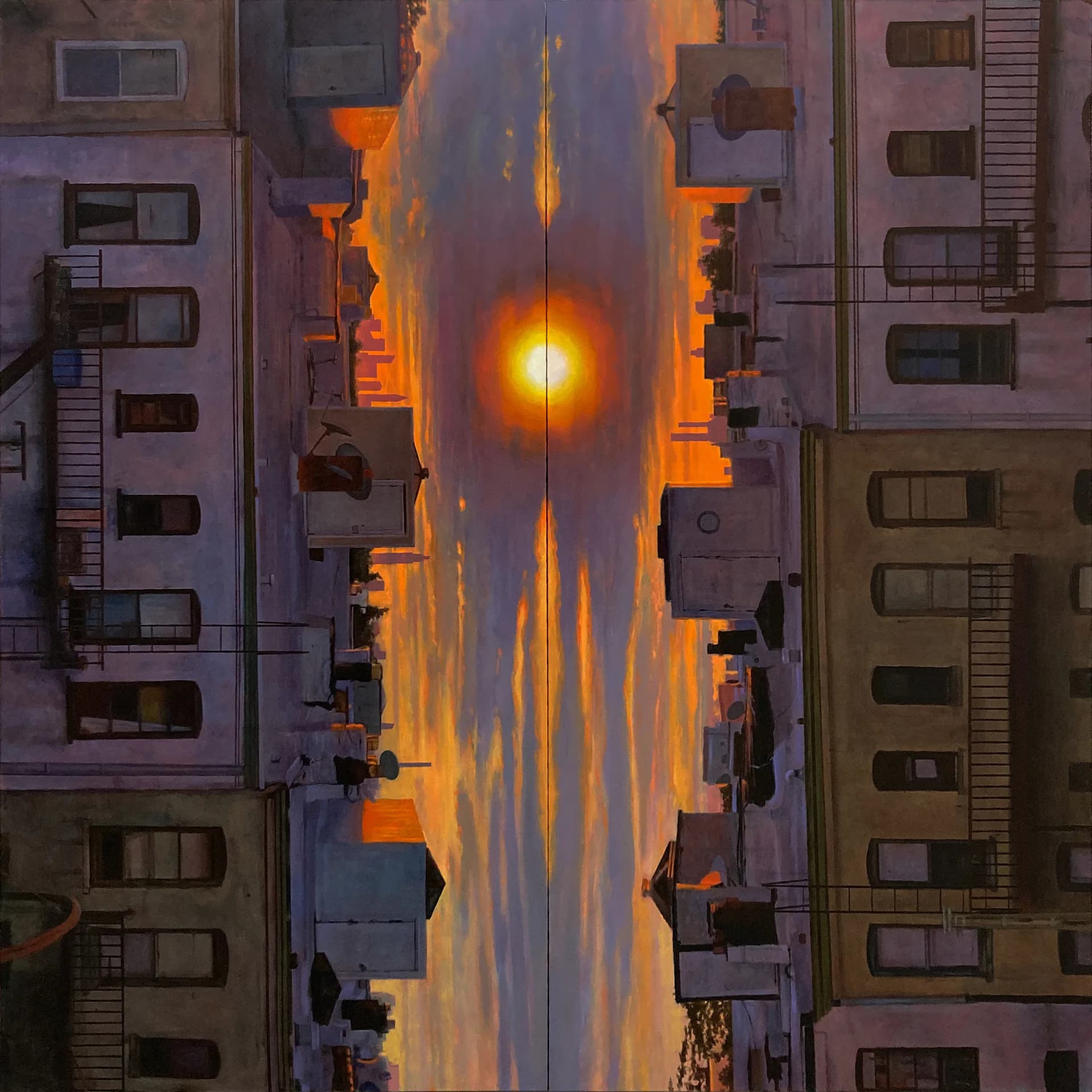 Diptych painting of a city street canyon with dramatic orange sunset sun centered between apartment buildings