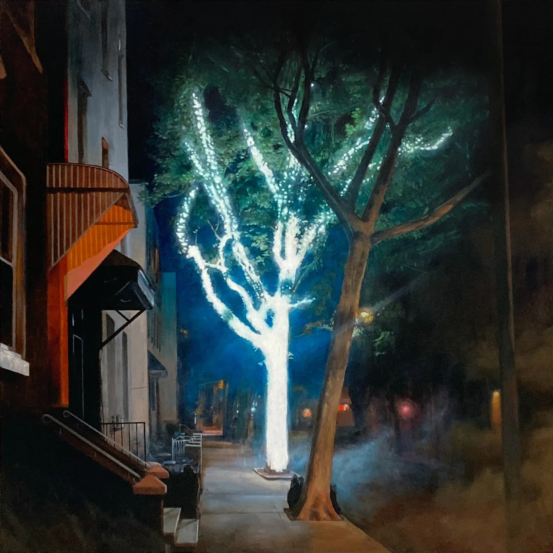 Night painting of a city sidewalk with a tree wrapped in glowing white fairy lights