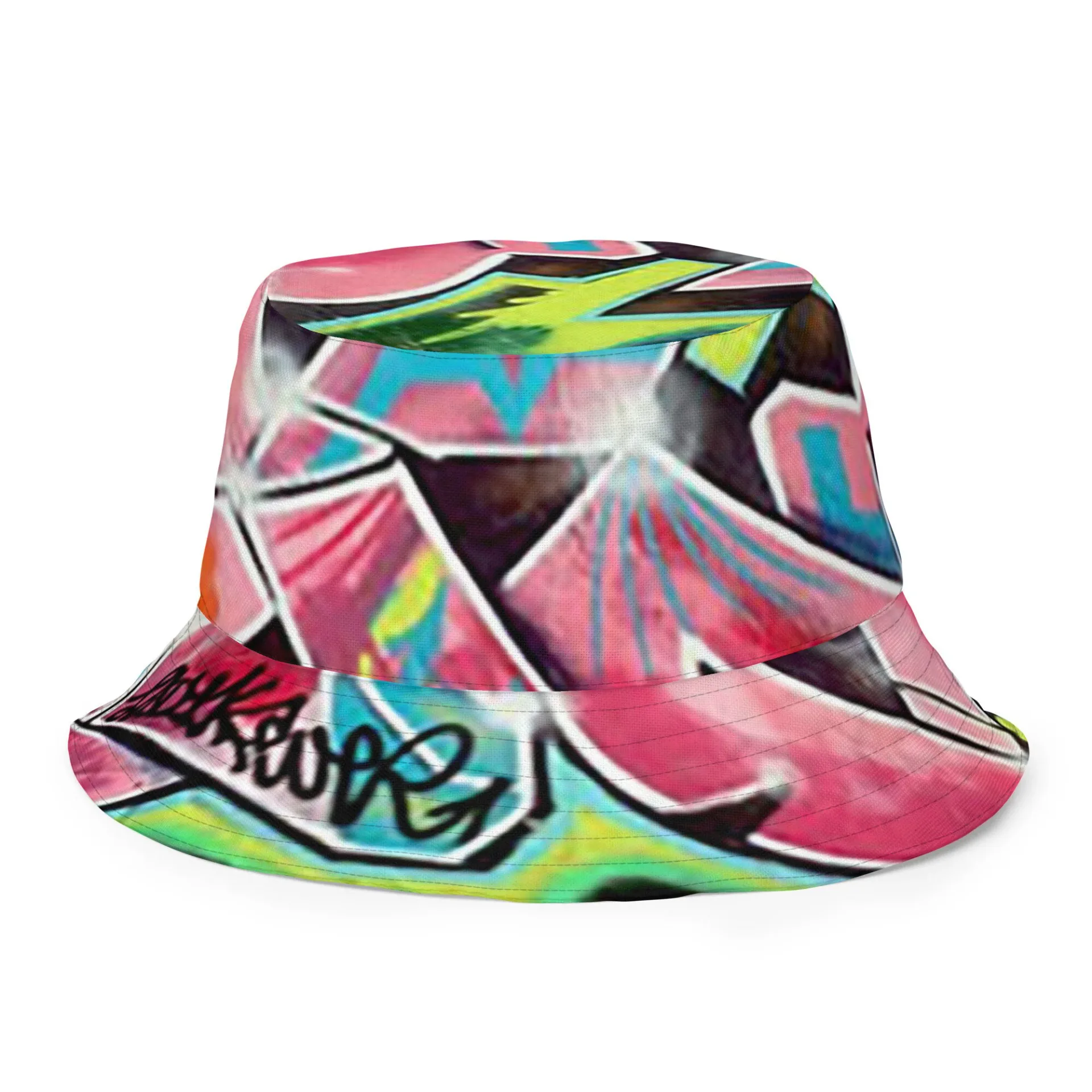 Bucket hat with all-over print design featuring neon pink, cyan, yellow, and black graffiti-style florals and abstract shapes inspired by Lady K Fever's street art aesthetic.