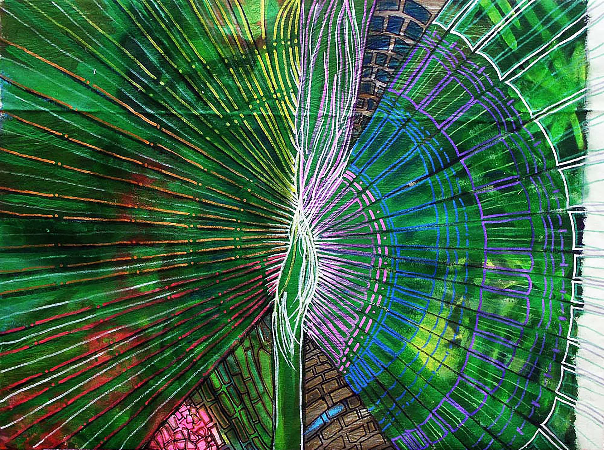 Mixed-media artwork with radiating lines in green, blue, purple, and red creating a sunburst pattern with layered geometric and organic forms.